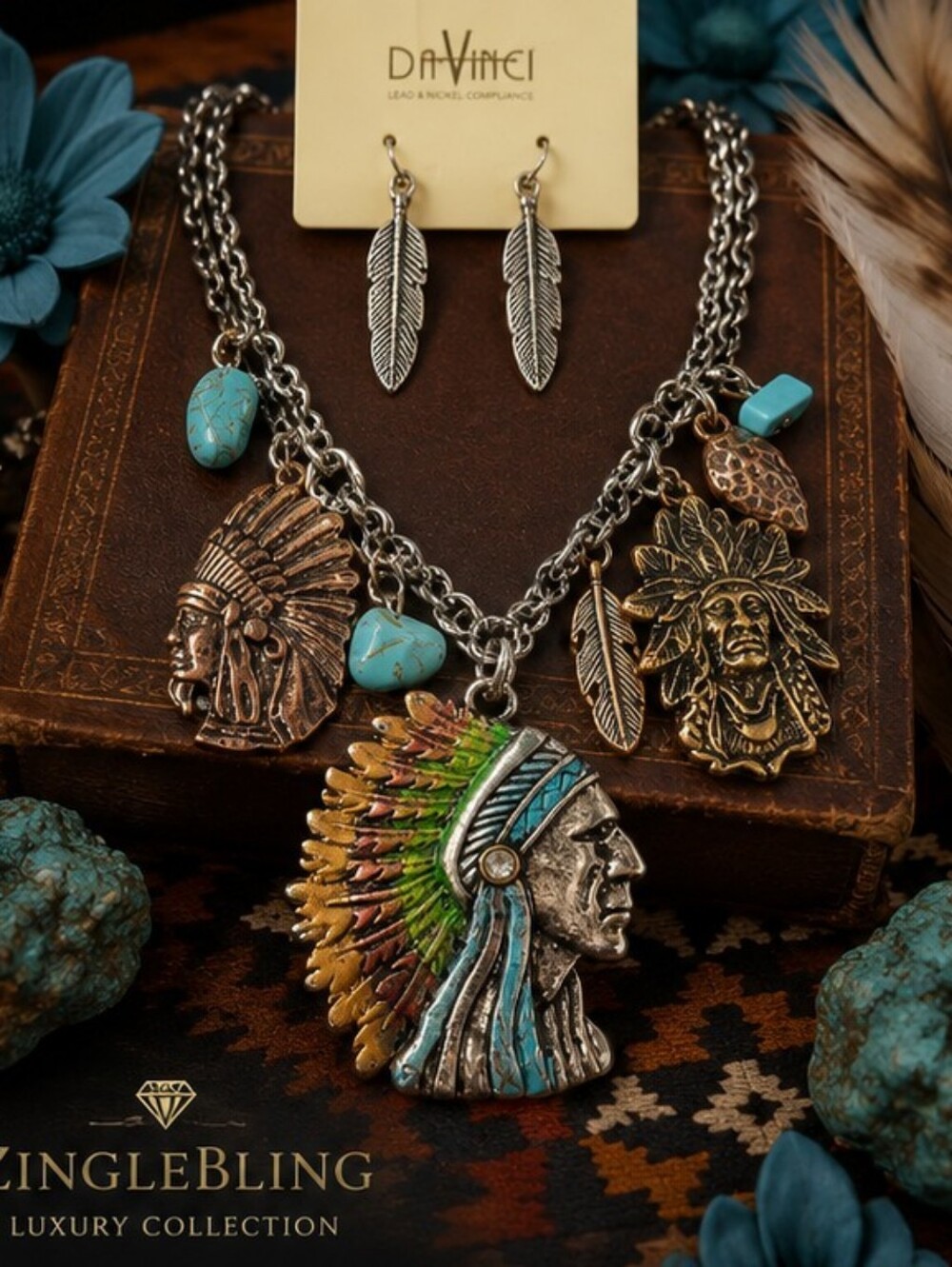 DaVinci Silver-Tone Necklace with Turquoise & Multicolor Headdress Charms